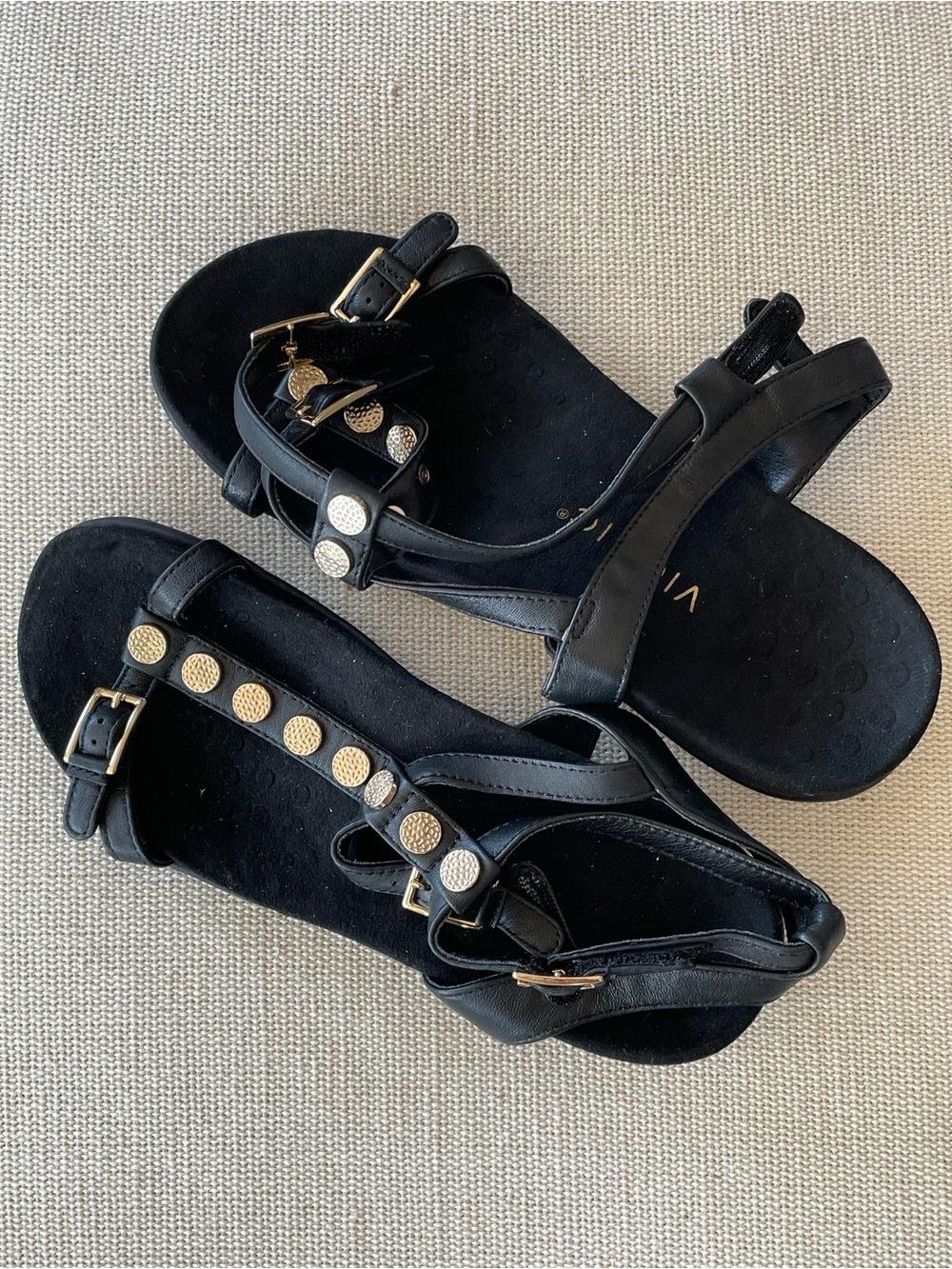 Vionic Hailey Gold Stud-Accented Black T-Strap Sandals
